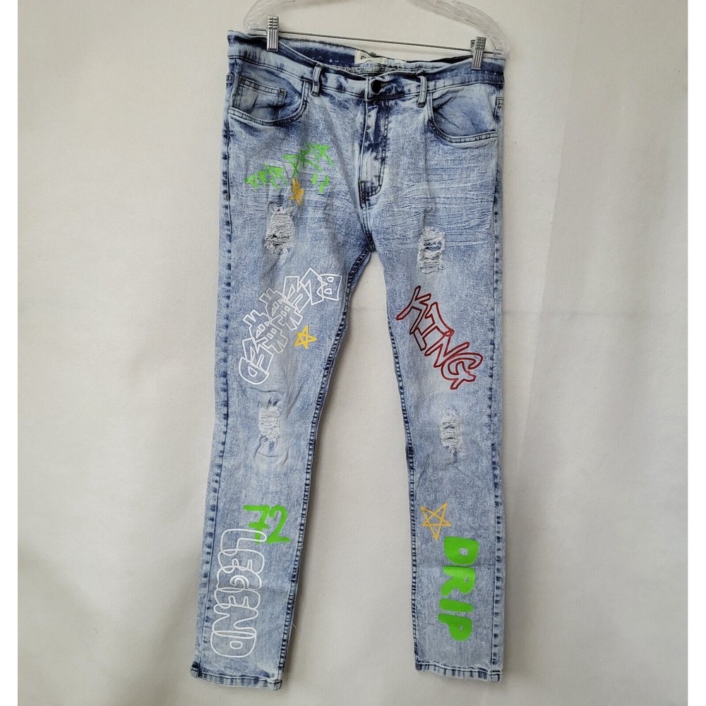FWRD Denim Mens 36x32 Acid Wash Graphic Distressed Streetwear Slim‎ Fit Jeans